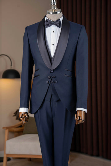 Navy Blue 3-Pieces Shawl Lapel Bespoke Wedding Men Suits