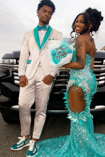 Shiny White One Button Crystals Prom Suits with Green lapel