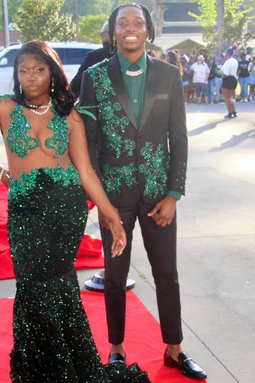 Black One Button Shawl Lapel Prom Suits with Green Crystal