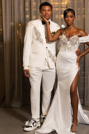 Fashion White 3-Pieces Crystal Shawl Lapel Prom Outfits for Boy