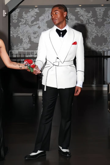 White and Black Shawl Lapel Double Breasted Prom Suits with Belt