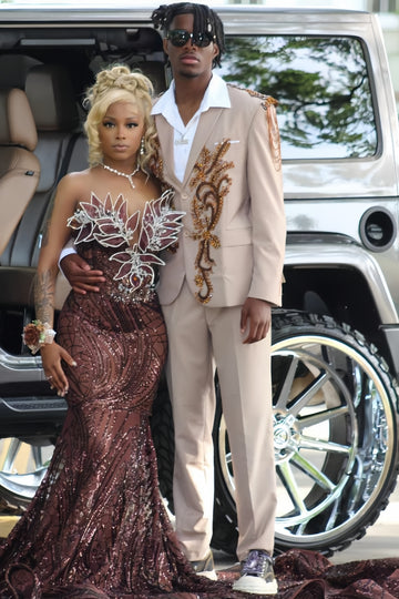 Light Champagne Two Pieces Prom Suits with Burgundy Crystal