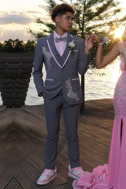 Gray 3-Pieces Prom Men Suit with Silver Crystal