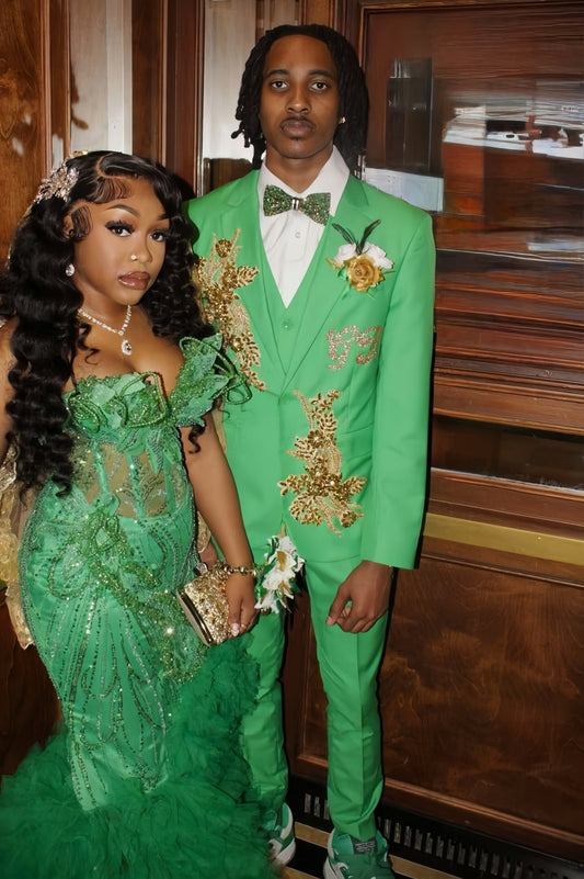 Green 3-Piece Slim Fit Prom Suits with Gold Crystal