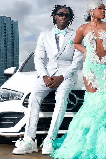White Jacquard Notched Lapel Best Fitted Prom Suits