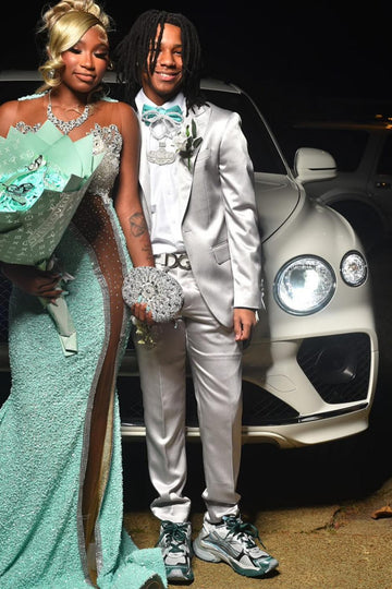 Sparkly Silver Peaked Lapel Big and Tall Prom Suits for Boy