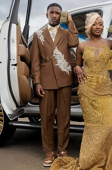 Chic Brown Appliques Prom Men Suits with Belt