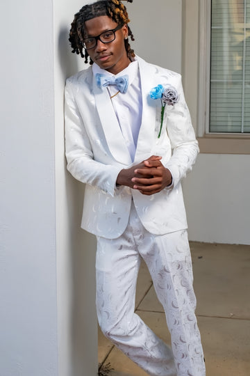 White Shawl Lapel Jacquard Close Fitting Prom Suits