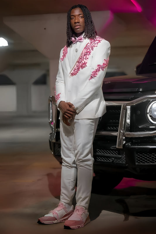 Bespoke White Notched Lapel Prom Suits with Crystal