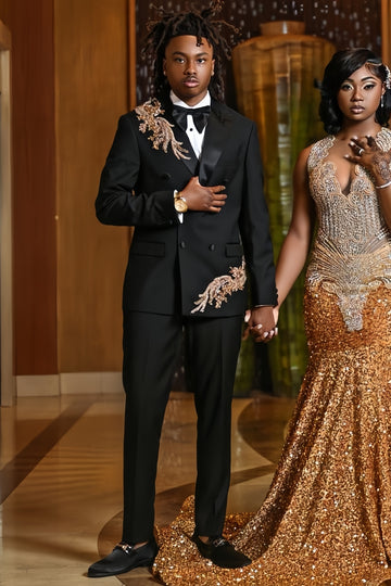 Black Double Breasted Peaked Lapel Prom Suit with Gold Crystal