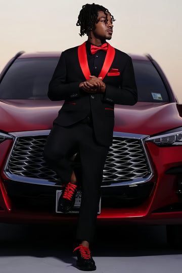 Hot Red Lapel Black Slim Fit Bespoke Prom Men Suits