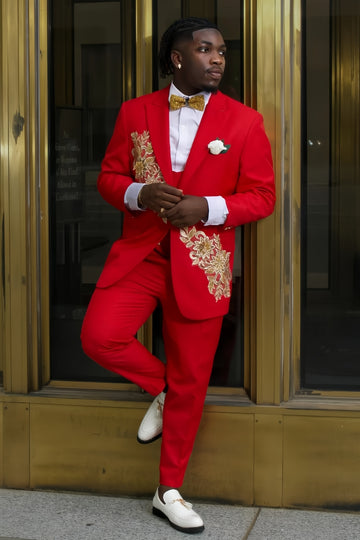 Hot Red 3-Pieces Peaked Lapel Prom Suits with Gold Appliques