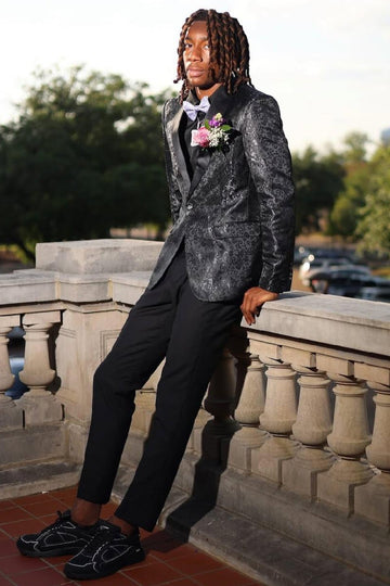 Bling Black Jacquard Shawl Lapel Prom Suits for Boy