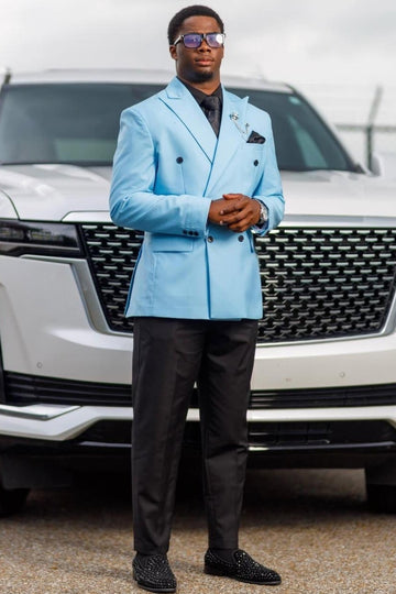 Modern Blue Double Breasted Prom Suit with Black Pants