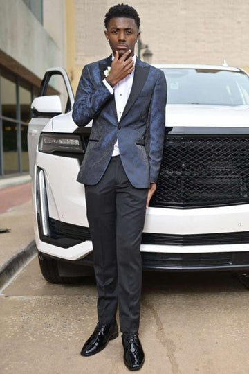 Stylish Dark Blue Jacquard One Button Prom Suits for Boy