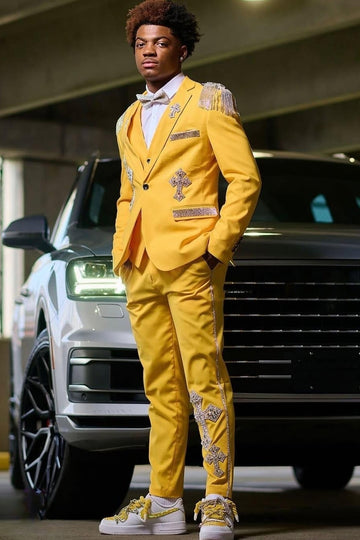 Yellow 3-Pieces Big and Tall Prom Suits with Crystal