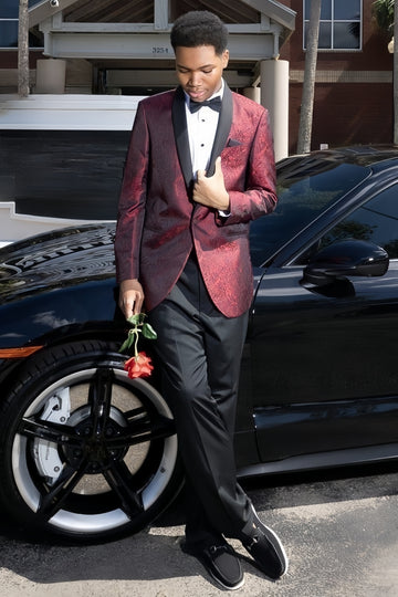 Burgundy Jacquard Shawl Lapel Big and Tall Prom Suit