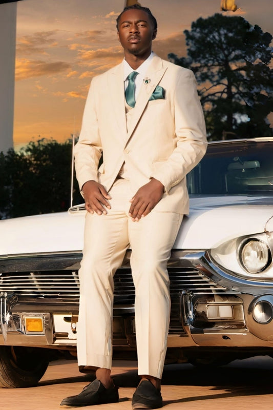 Beige 3 Pieces Peaked Lapel Bespoke Men Suits with Waistcoat