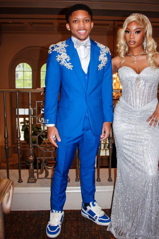 Fashion Royal Blue 3-Piece Prom Suits With Appliques