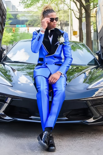 Unique Black Velvet Double Breasted Royal Blue Prom Suit