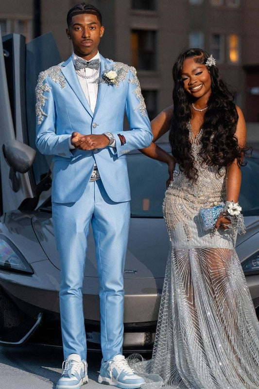 Popular Silver Beaded Lace Appliques Sky Blue Prom Suit on Sale