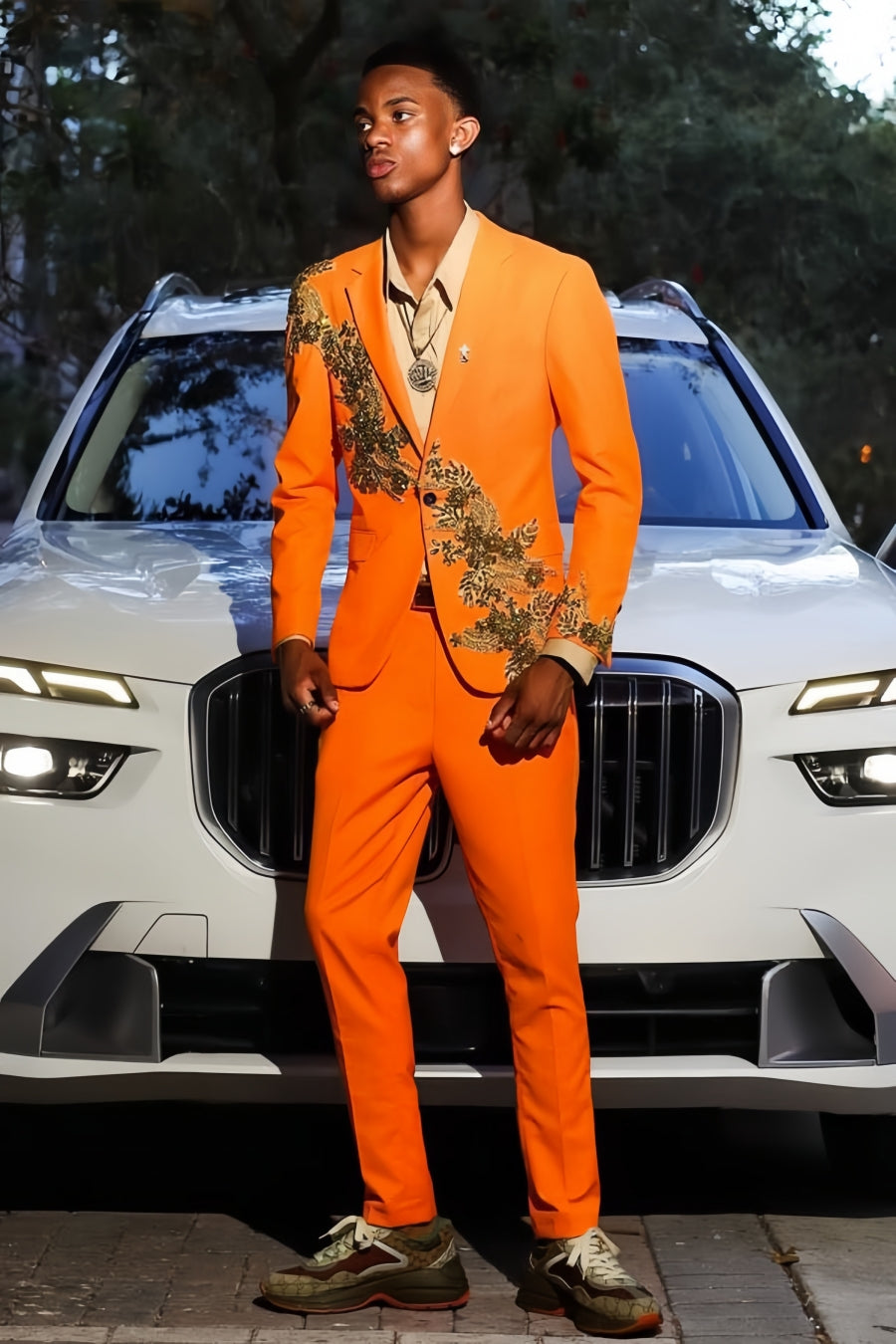 Exquisitely Tailored Orange Prom Suit with Gold Beading Appliques