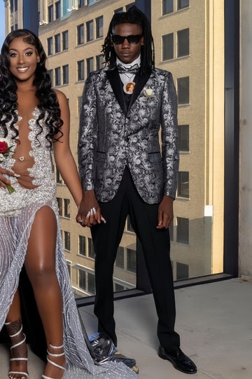 Silver Floral Applique 2 Piece Men's Prom Suit with Black Pants