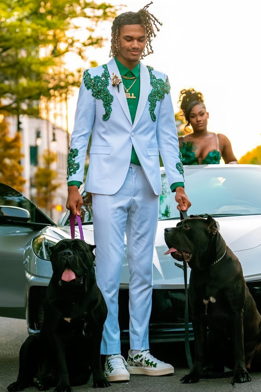 Well-Fitted One Button White Prom Suit with Green Crystals Applique