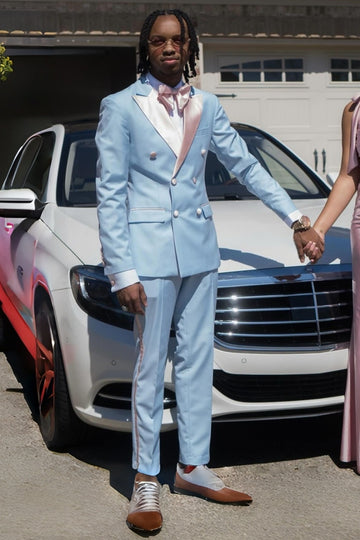 Double Breasted Sky Blue Prom Suit with Pink Satin Lapel Seam Edge