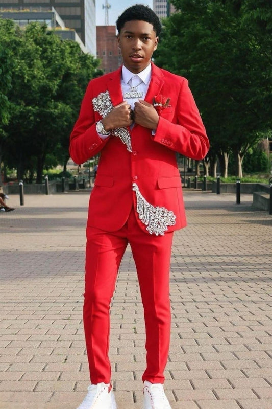 2 Piece Bright Red Silver Crystals Men's Prom Suit