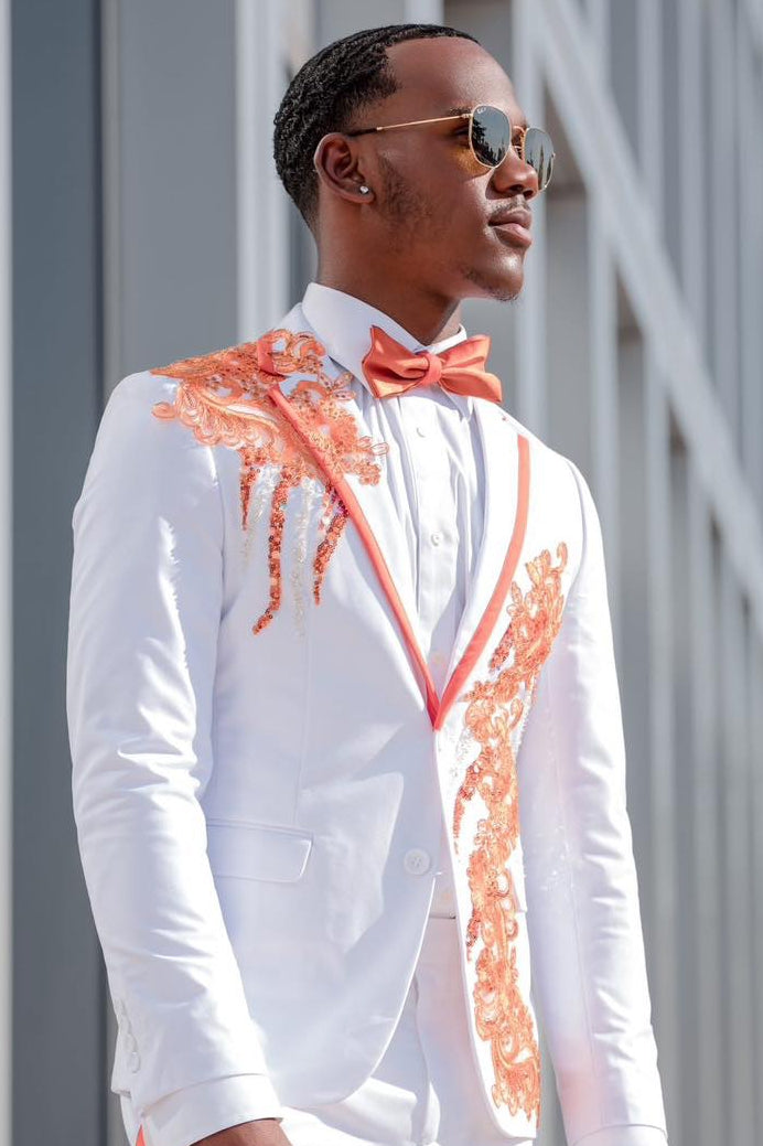 Pure White Orange Lace Appliques Prom Suit with Seam Edge