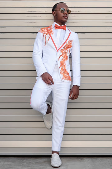 Pure White Orange Lace Appliques Prom Suit with Seam Edge