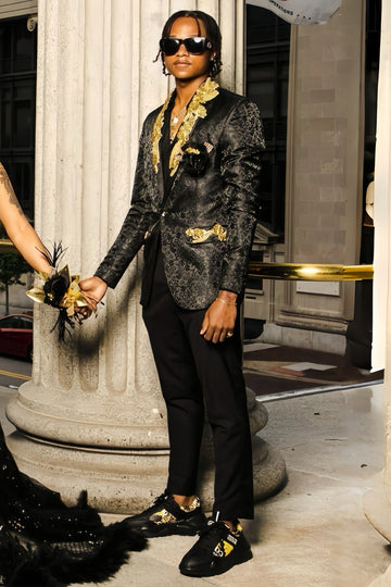 Luxurious Black Jacquard 2 Piece Prom Suit with Gold Beaded Appliques