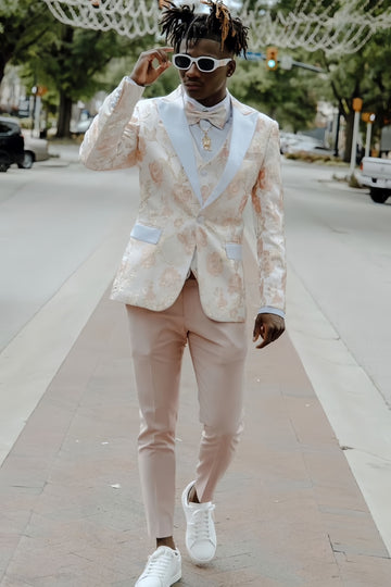 Slim Fit Champagne Pink Jacquard 3 Piece Prom Suit with Waistcoat
