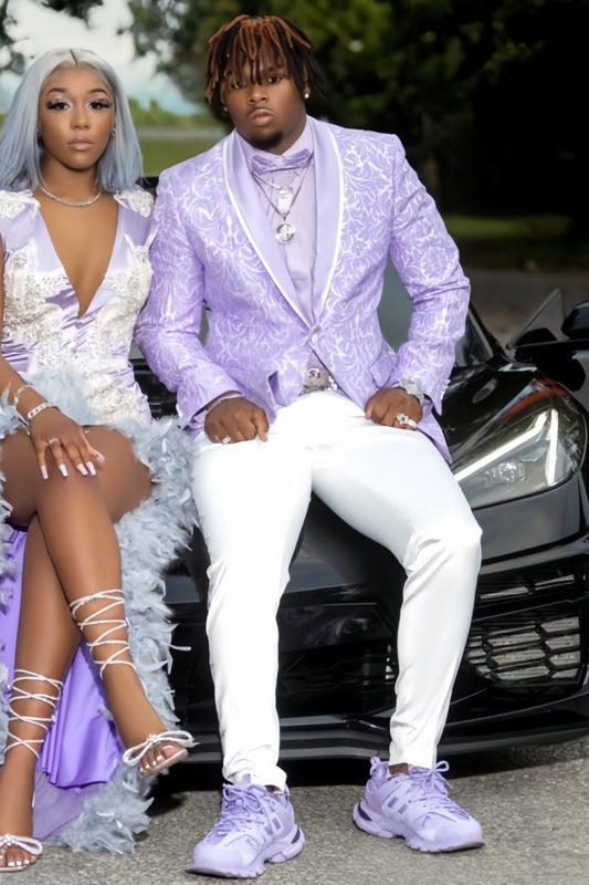 Fashionable Purple Jacquard Prom Suit with White Pants