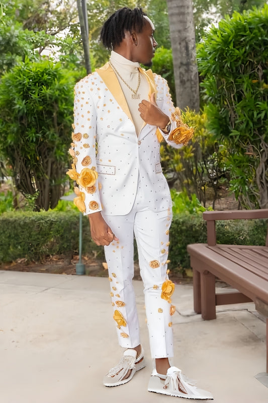Sparkling Beaded Yellow Flowers Special White Prom Suit