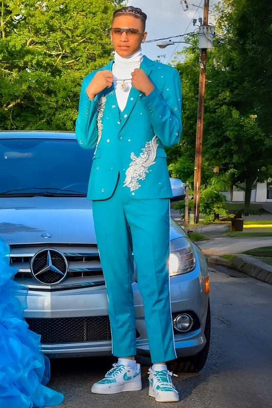 3 Piece Lake Blue Beaded Crystals Prom Suit with White Seam Edge