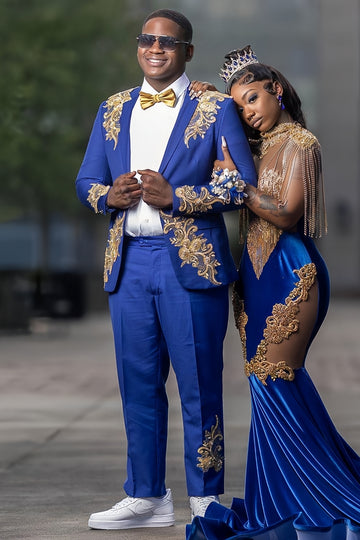 Crisp Royal Blue 2 Piece Prom Suit with Gold Lace Appliques