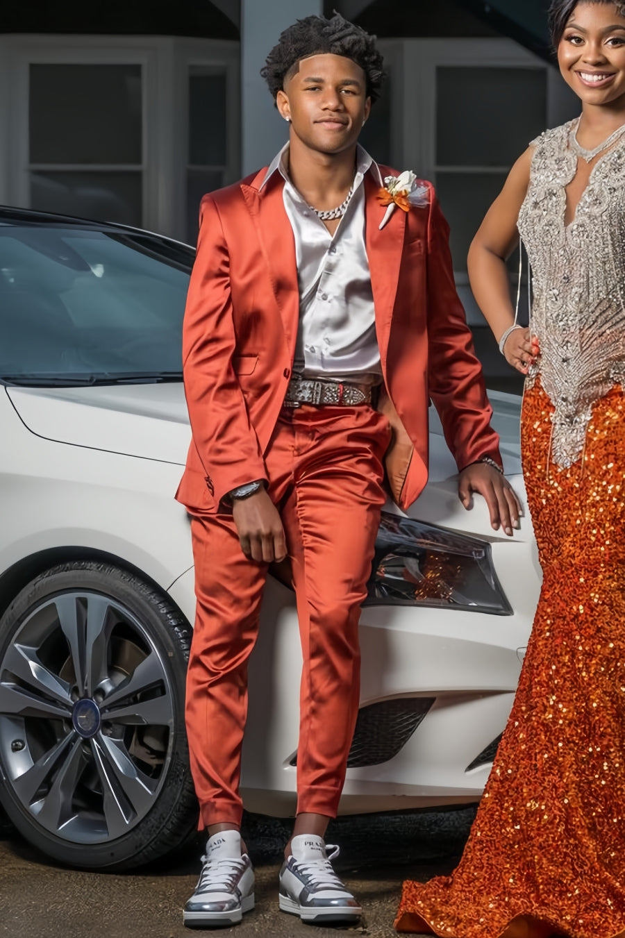 Stunning Imitation Silk Peaked Lapel 2 Piece Orange Prom Suit