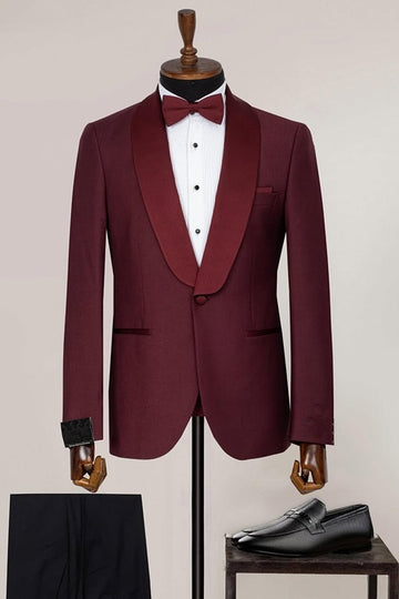 One Button Burgundy Satin Shawl Lapel Cheap Men's Suit
