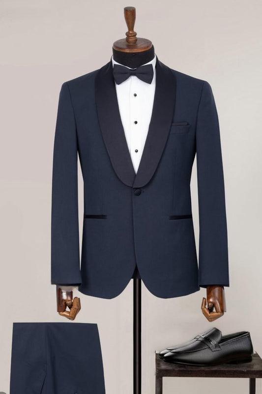One Button Dark Navy Satin Shawl Lapel Cheap Men's Suit