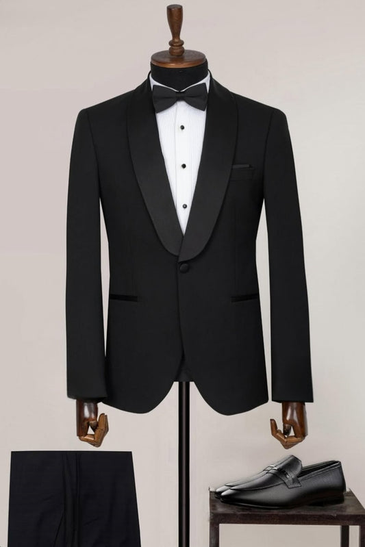 Classic One Button Black Satin Shawl Lapel Cheap Men's Suit