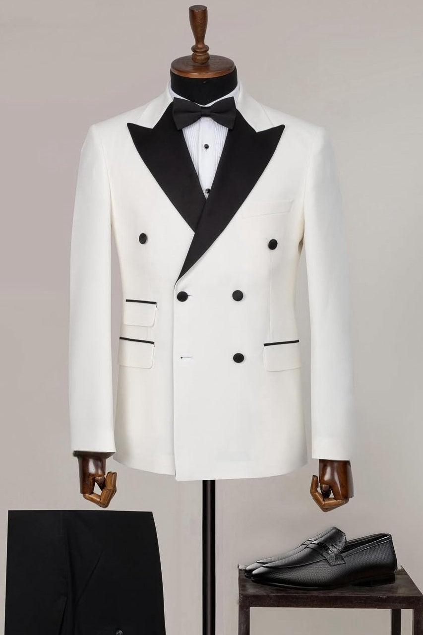 Double Breasted Black Satin Peak Lapel White Wedding Groom Suit