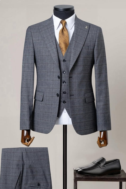 Dark Gray Plaid 3 Piece Men's Formal Business Suit with Waistcoat