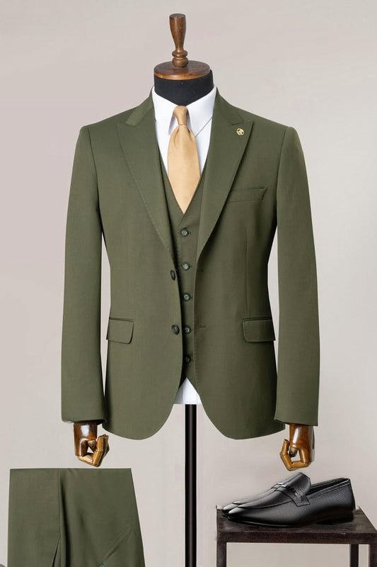Fashion Olive Green 3 Piece Men's Business Suit with Waistcoat