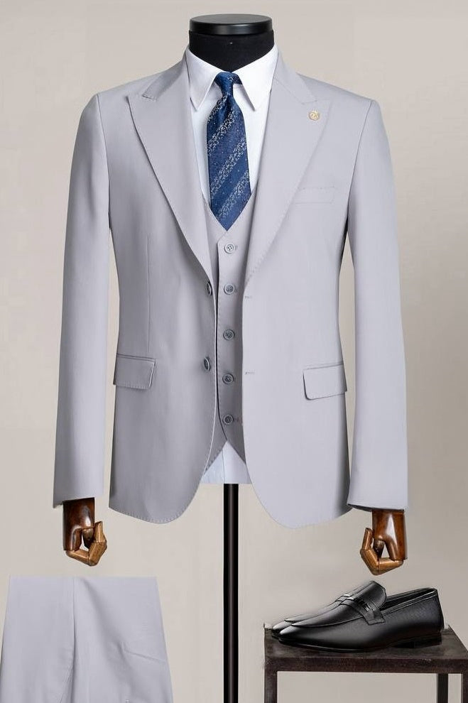 Light Gray Peak Lapel 3 Piece Men's Business Suit
