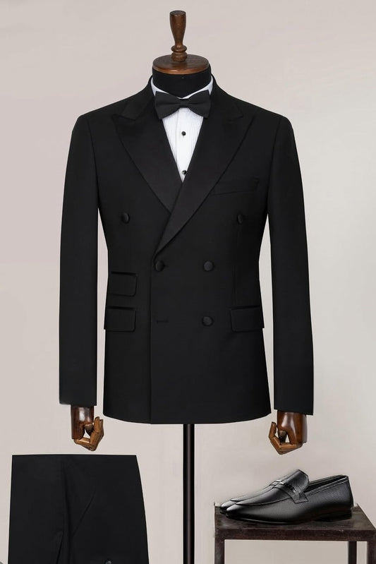 Classic Double Breasted Black Satin Peak Lapel Wedding Suit