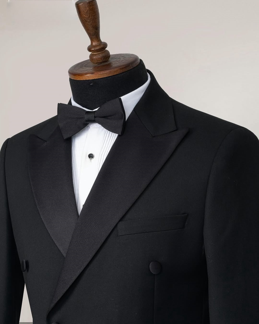 Classic Double Breasted Black Satin Peak Lapel Wedding Suit
