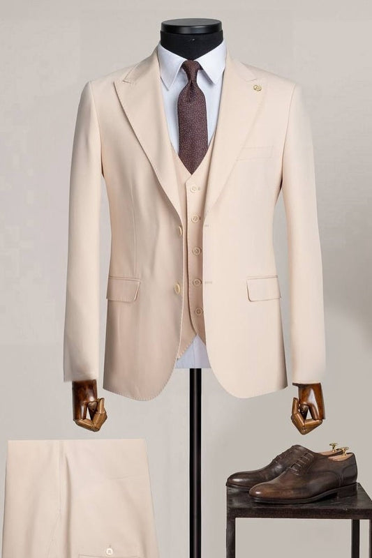 Nude Beige Peak Lapel 3 Piece Men's Business Suit Cheap