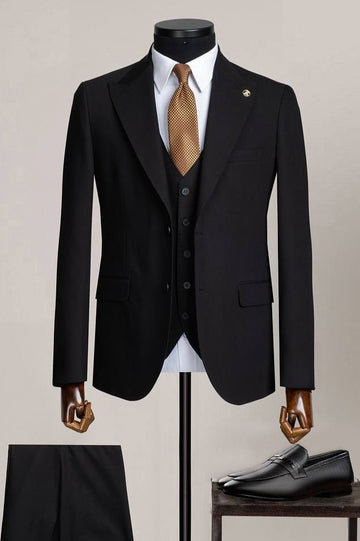 Black Peak Lapel 3 Piece Men's Cheap Business Suit for Formal